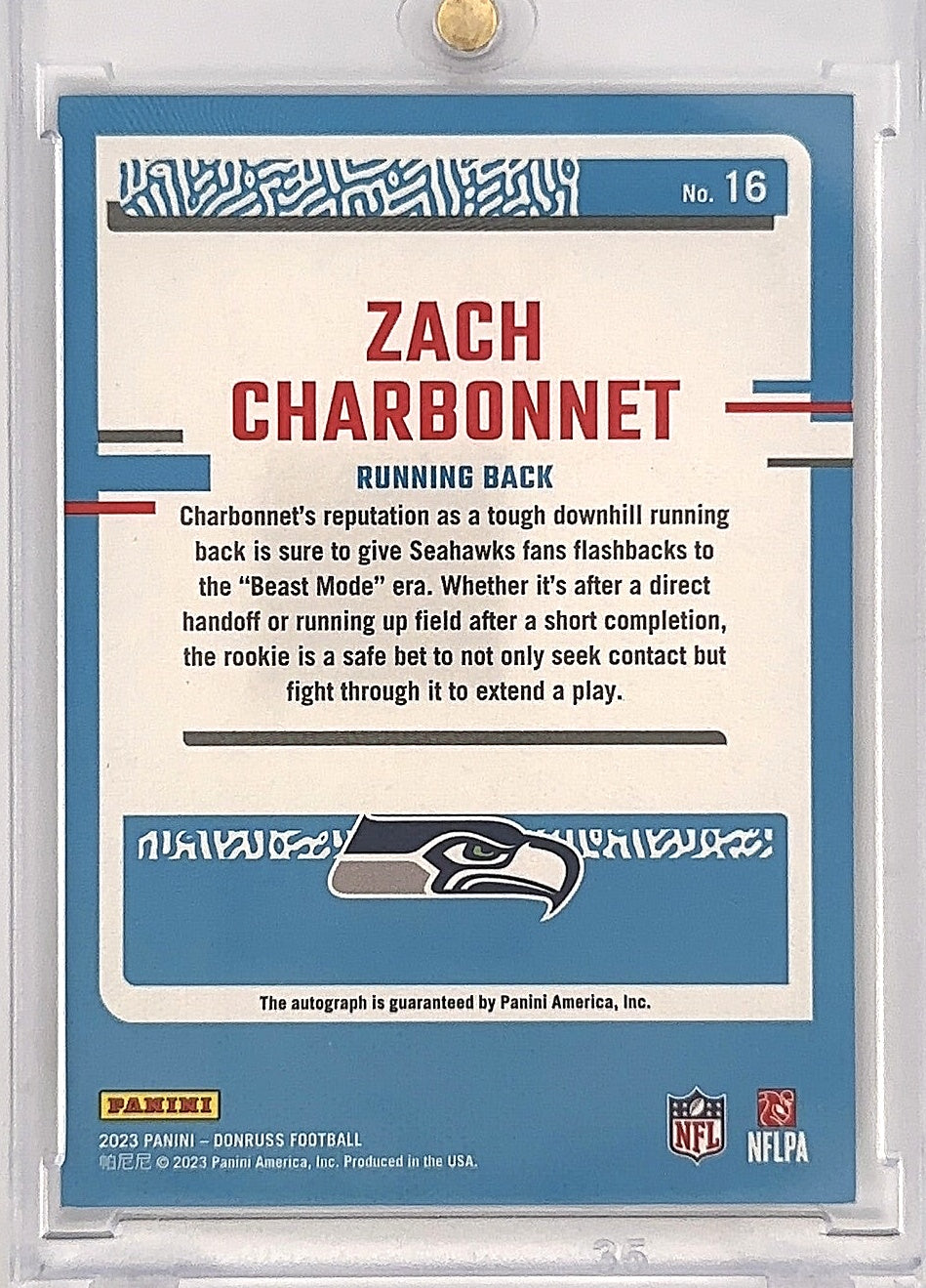 2023 Panini Donruss Rated Rookies Portrait Zach Charbonnet [Autograph] #16 — back