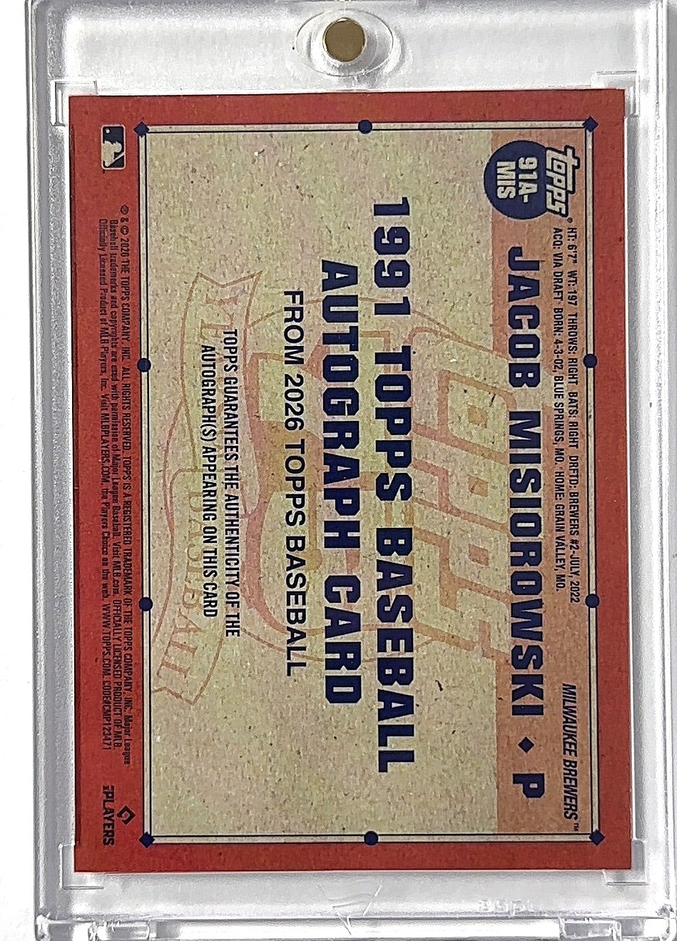 2026 Topps 1991 Autograph Jacob Misiorowski #91A-MIS RC AUTO — back