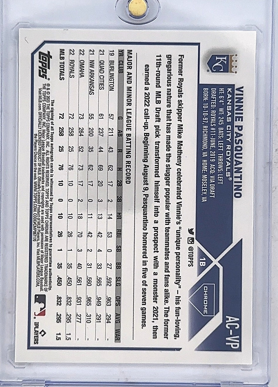 2023 Topps Chrome Update Autographs Vinnie Pasquantino #AC-VP — back