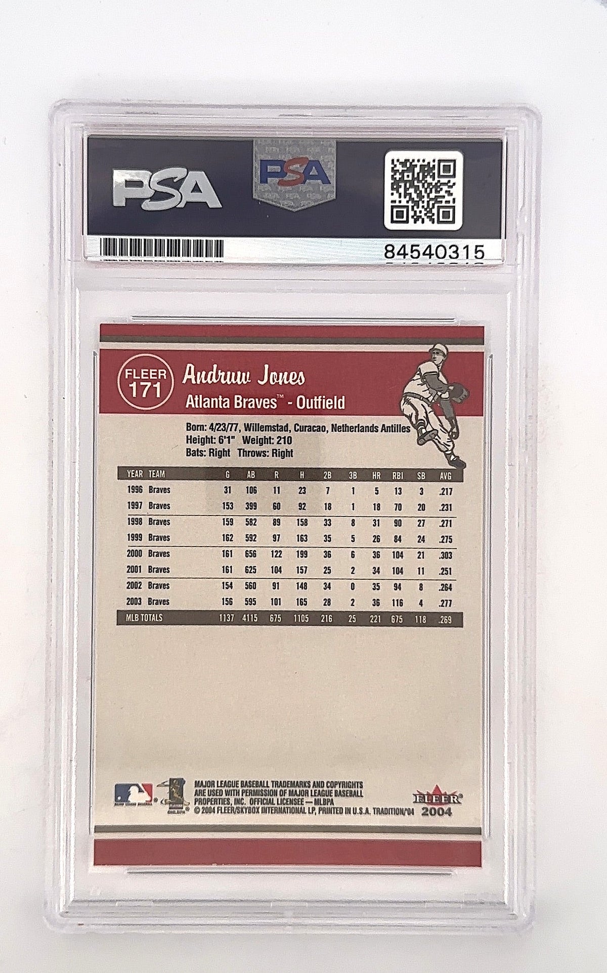 Andrew Jones Fleer Traditon #171 PSA GEM MT 10 — back