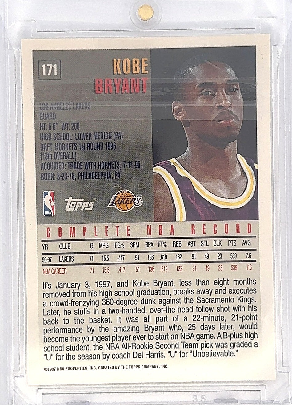 Kobe Bryant 1997 Topps 171 — back
