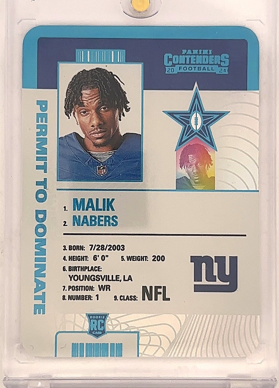Malik Nabers Permit to Dominate Panini Contenders Rookie Card — front