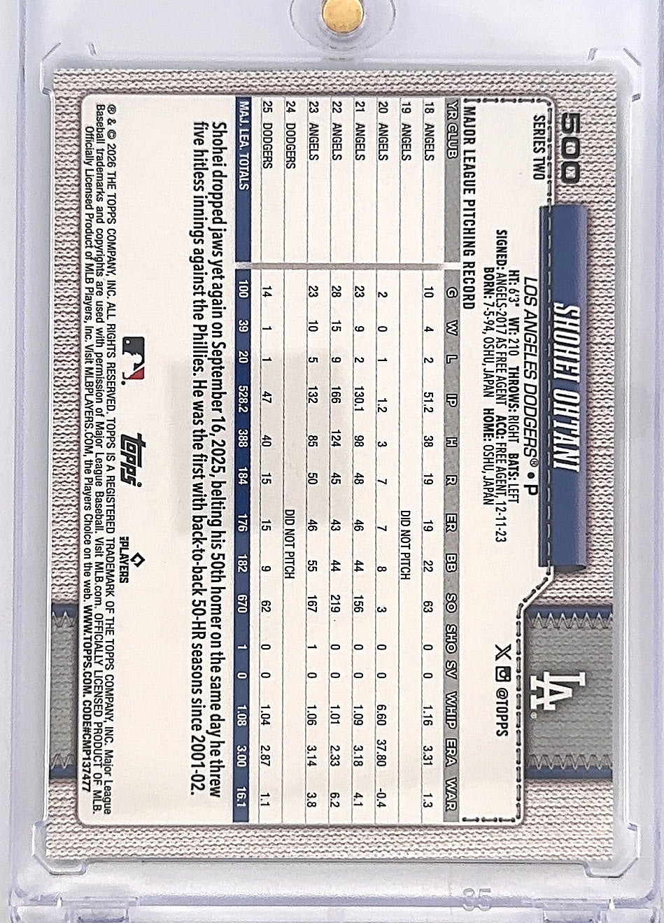 2026 Topps Series 2 Shohei Ohtani [Holo Foil Aqua] #500 — back