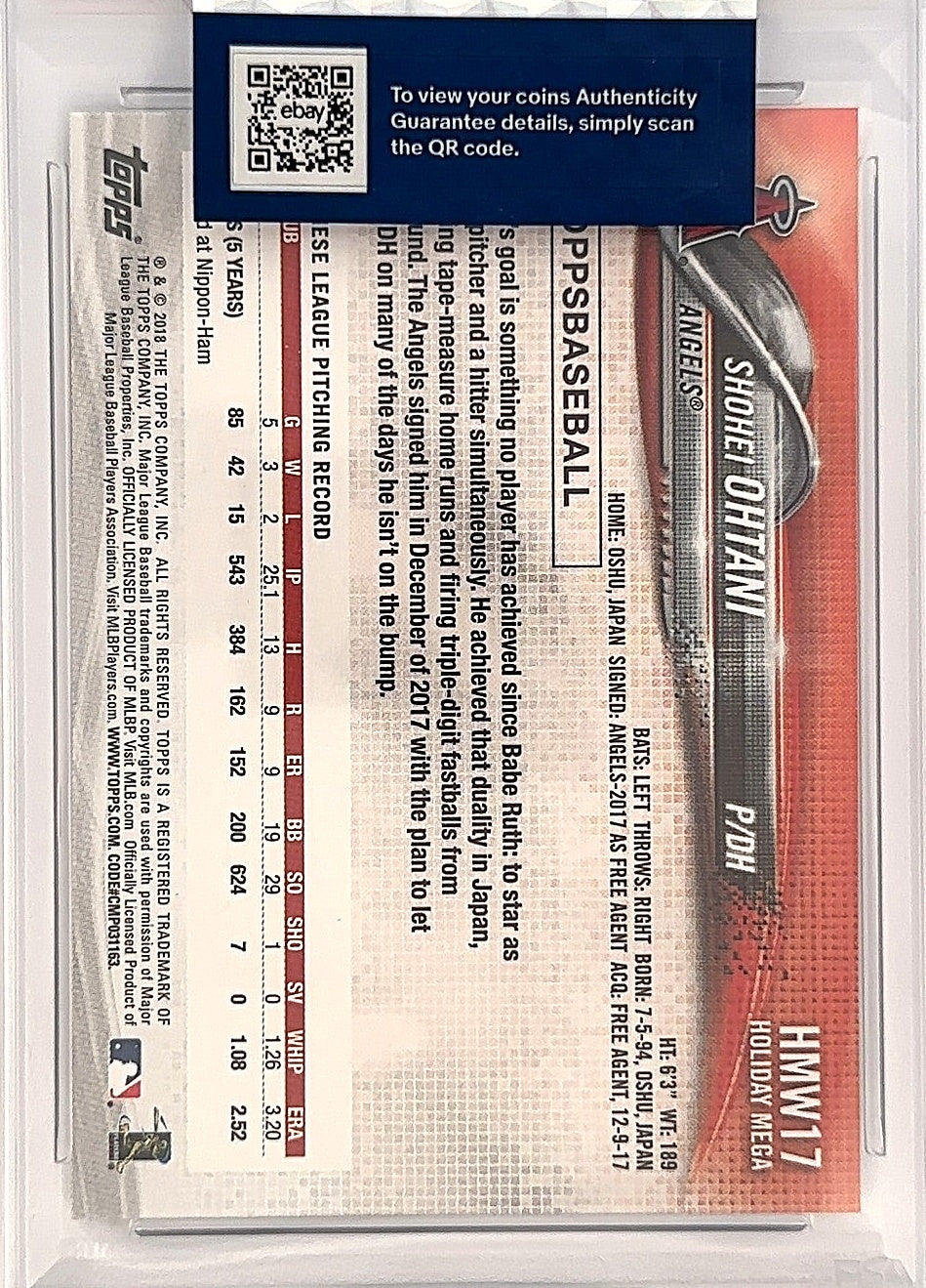 2018 Shohei Ohtani Topps HolidayHMW17 PSA GEM MT 10 — back