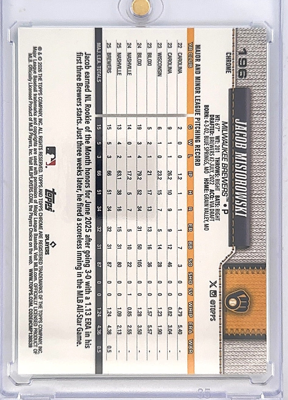 2026 Topps Chrome Jacob Misiorowski [Aqua Raywave Refractor] #196 — back