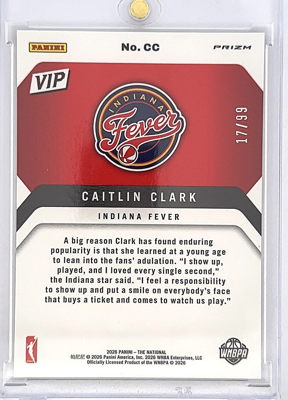 Caitlin Clark National VIP /99 — back