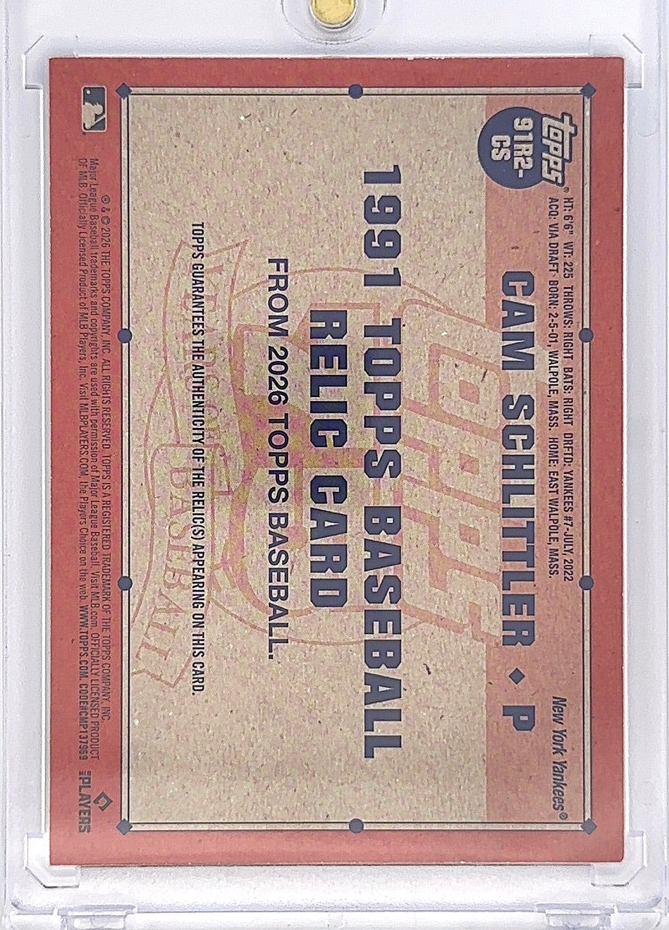 2026 Topps Series 2 1991 Relic Cam Schlittler [Blue] Rookie RC 093/150 #91R2-CS — back