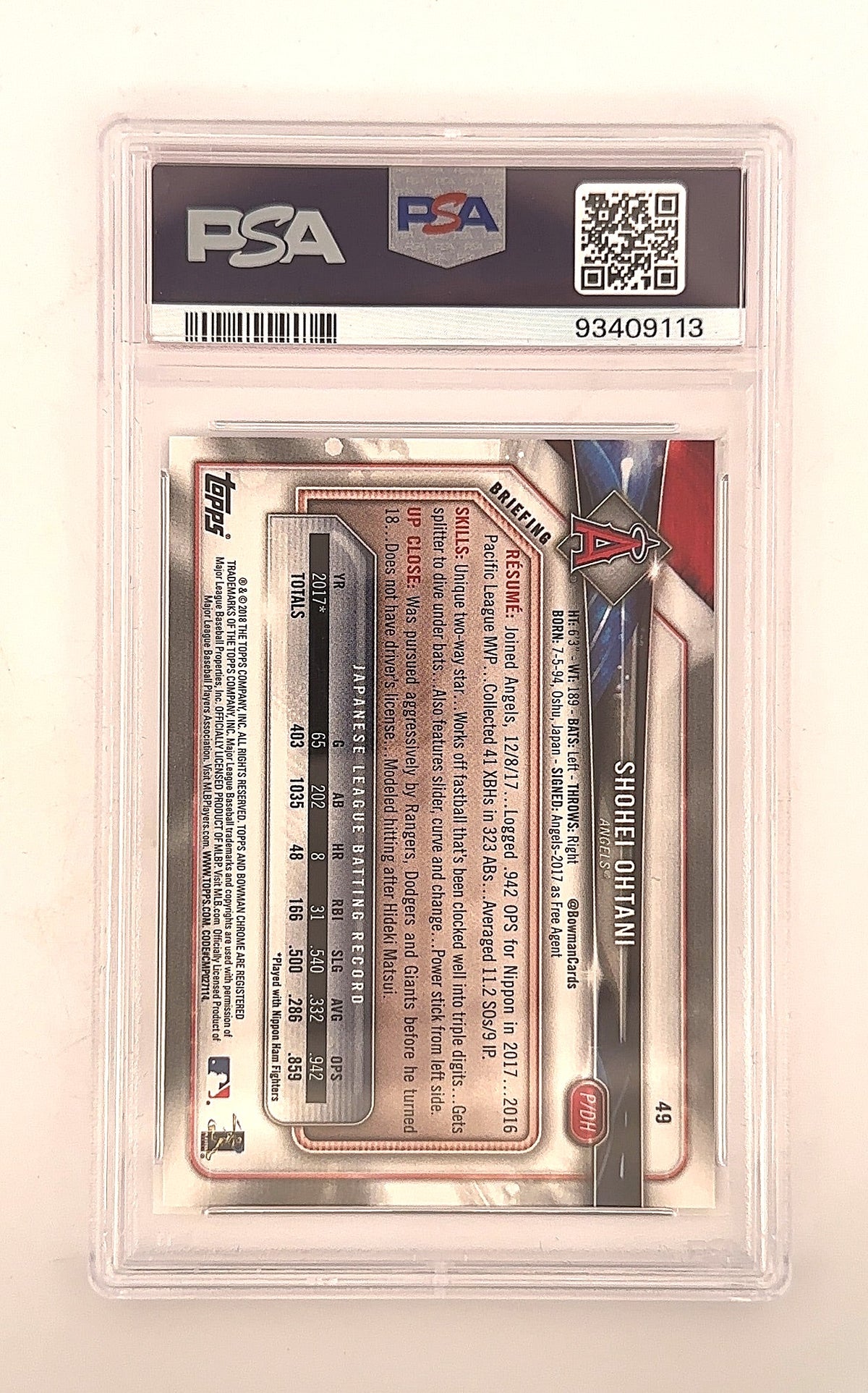 2018 Bowman Shohei Ohtani #49 PSA 9 — back
