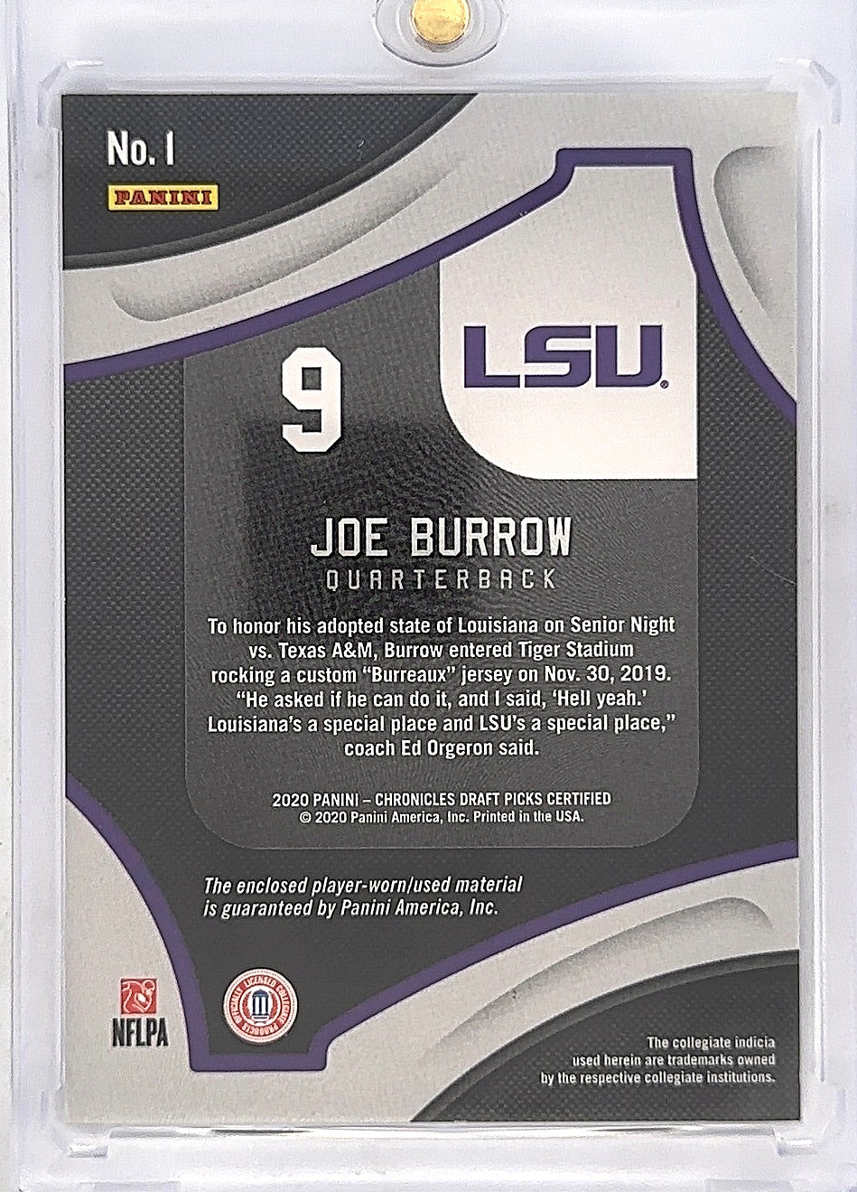 Joe Burrow Panini Chronicles Draft Picks Patch /299 — back