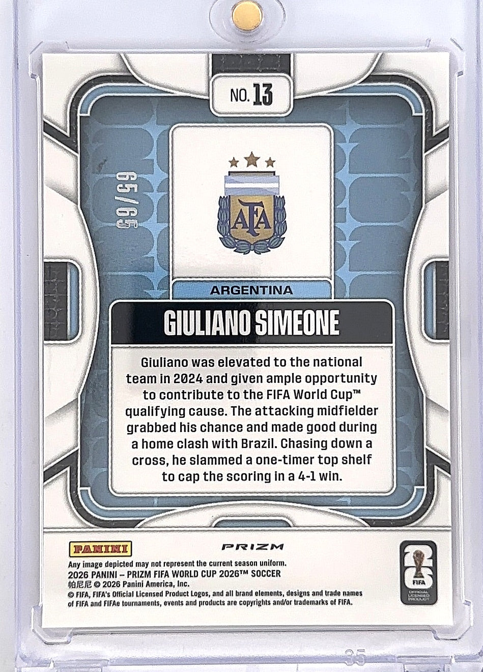 Giuliano Simeone World Cup Prizm #13 65/65 — back