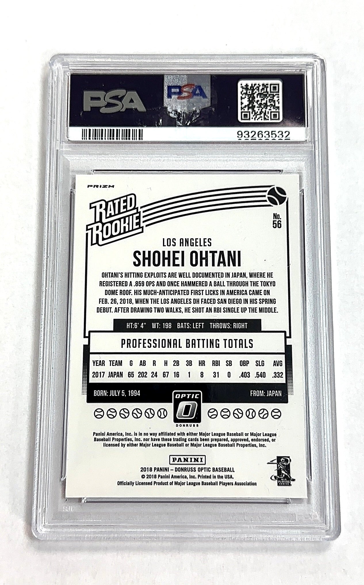 2018 Panini Donruss Optic Shohei Ohtani [Running Pink] #56 RC PSA 9 — back