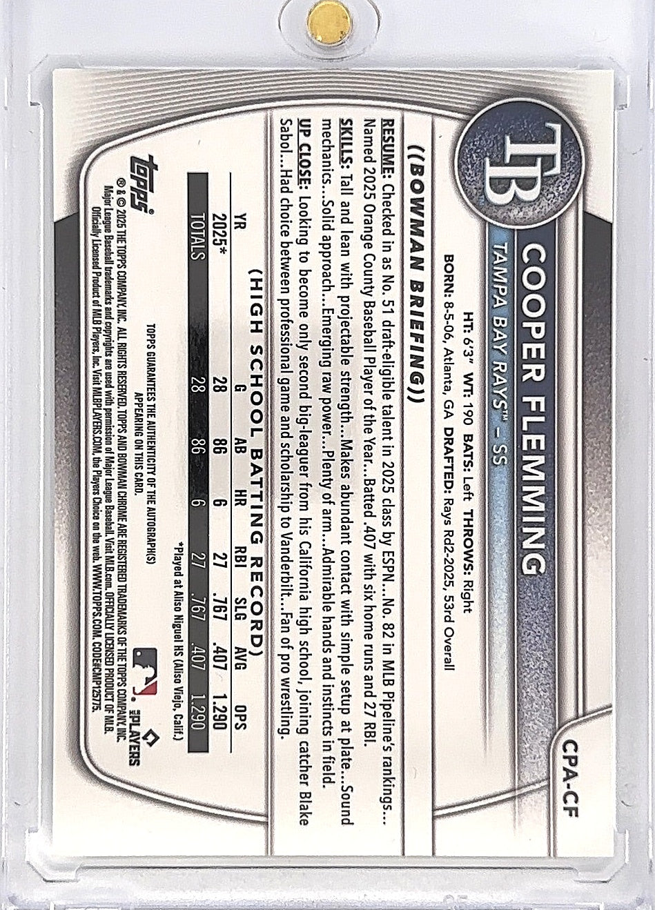 2025 Bowman Draft Chrome Prospect Autograph Cooper Flemming #CPA-CF — back