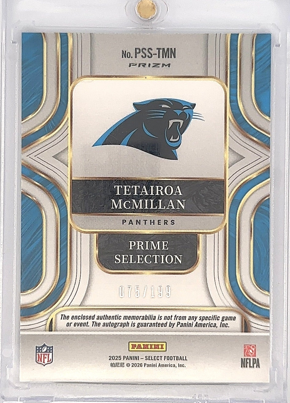 2025 Select Tetairoa McMillan Prime Selection [Blue] Patch Auto /199 — back