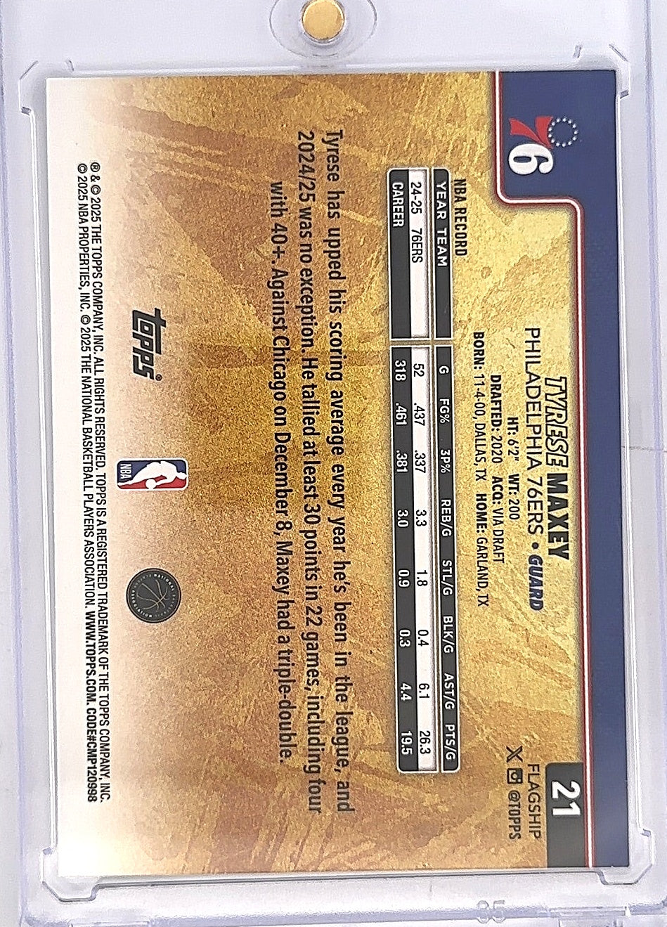 2025 Topps Tyrese Maxey [Golden Mirror] #21 — back