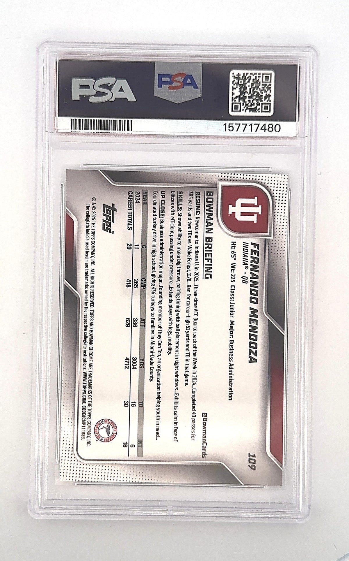 2025 Bowman Chrome University Fernando Mendoza #109 PSA 8 — back