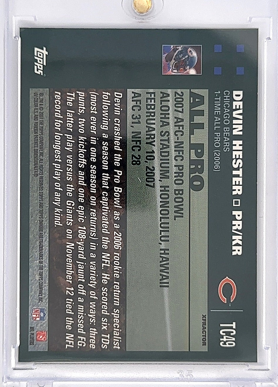 2007 Topps Chrome Devin Hester [Xfractor] #TC49 — back