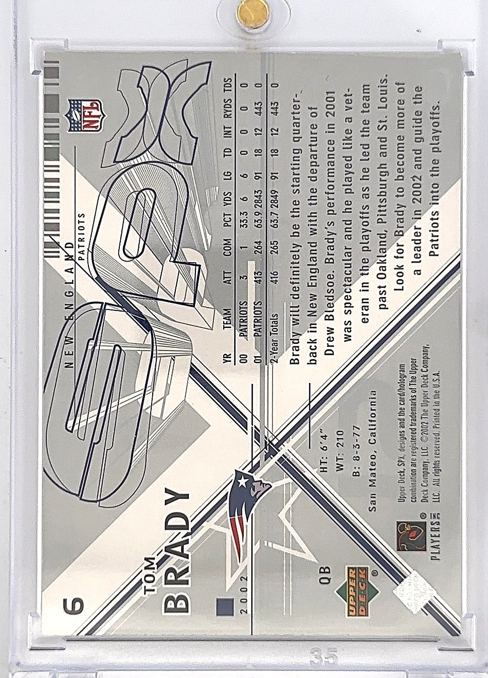 2002 Spx Tom Brady #6 — back
