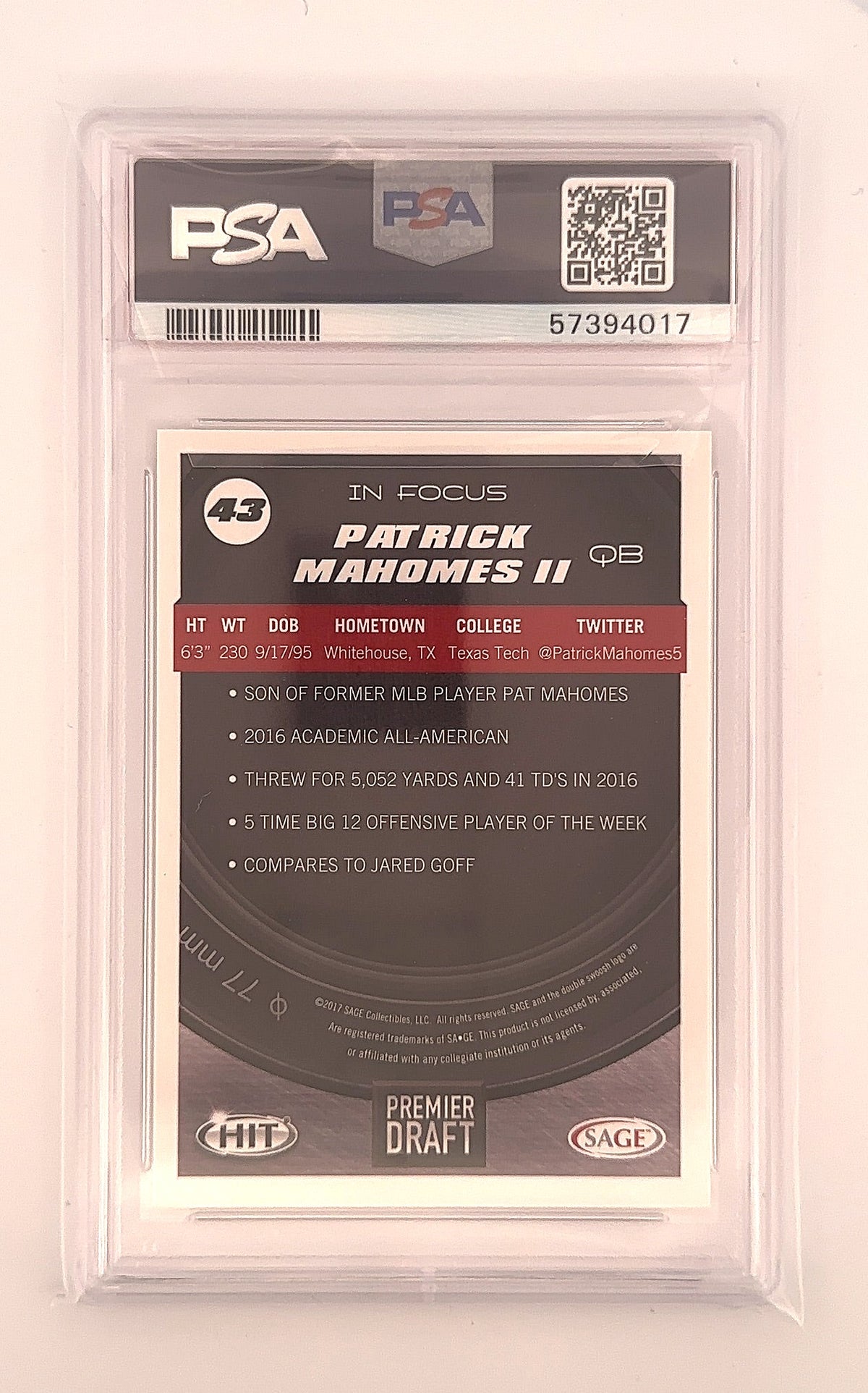 2017 Sage Hit Premier Draft Patrick Mahomes II #43 PSA 8 — back