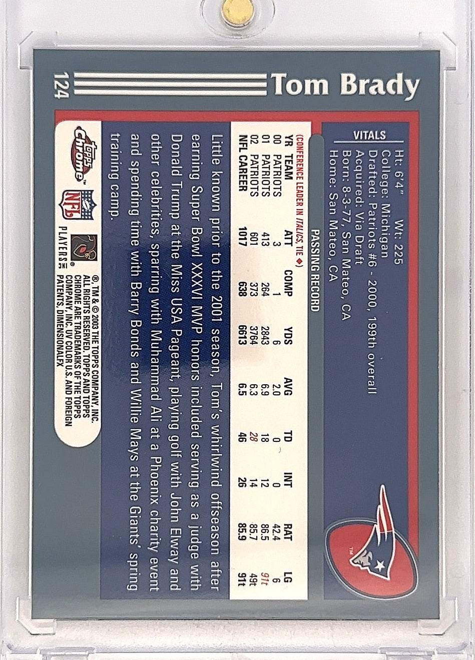 2003 Topps Chrome Tom Brady #124 — back