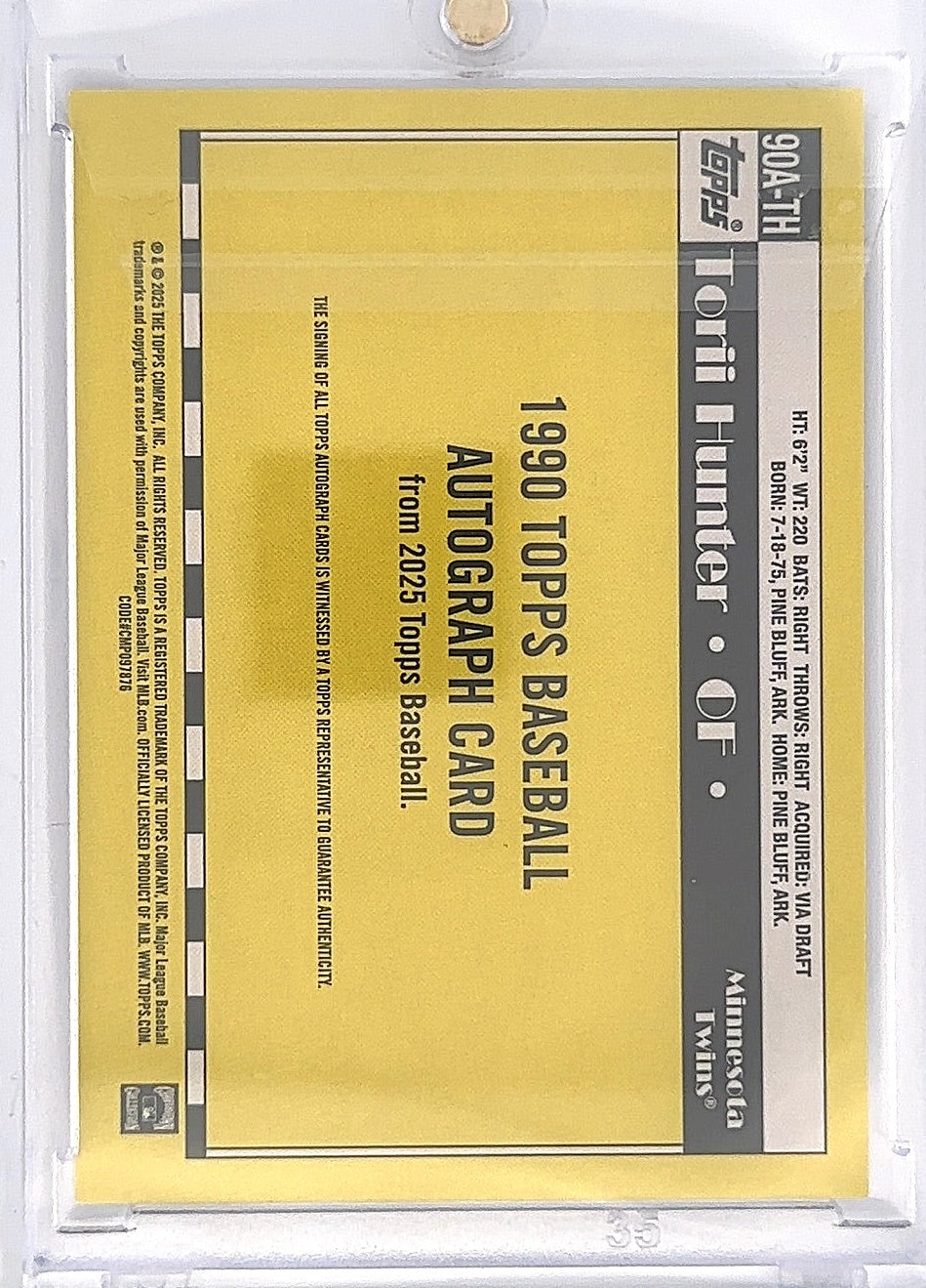 2025 Topps 1990 Autograph Torii Hunter #90A-TH — back