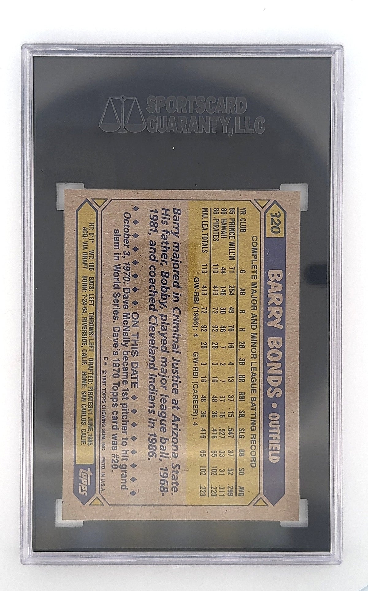 1987 Topps Barry Bonds #320 SGC 9 — back