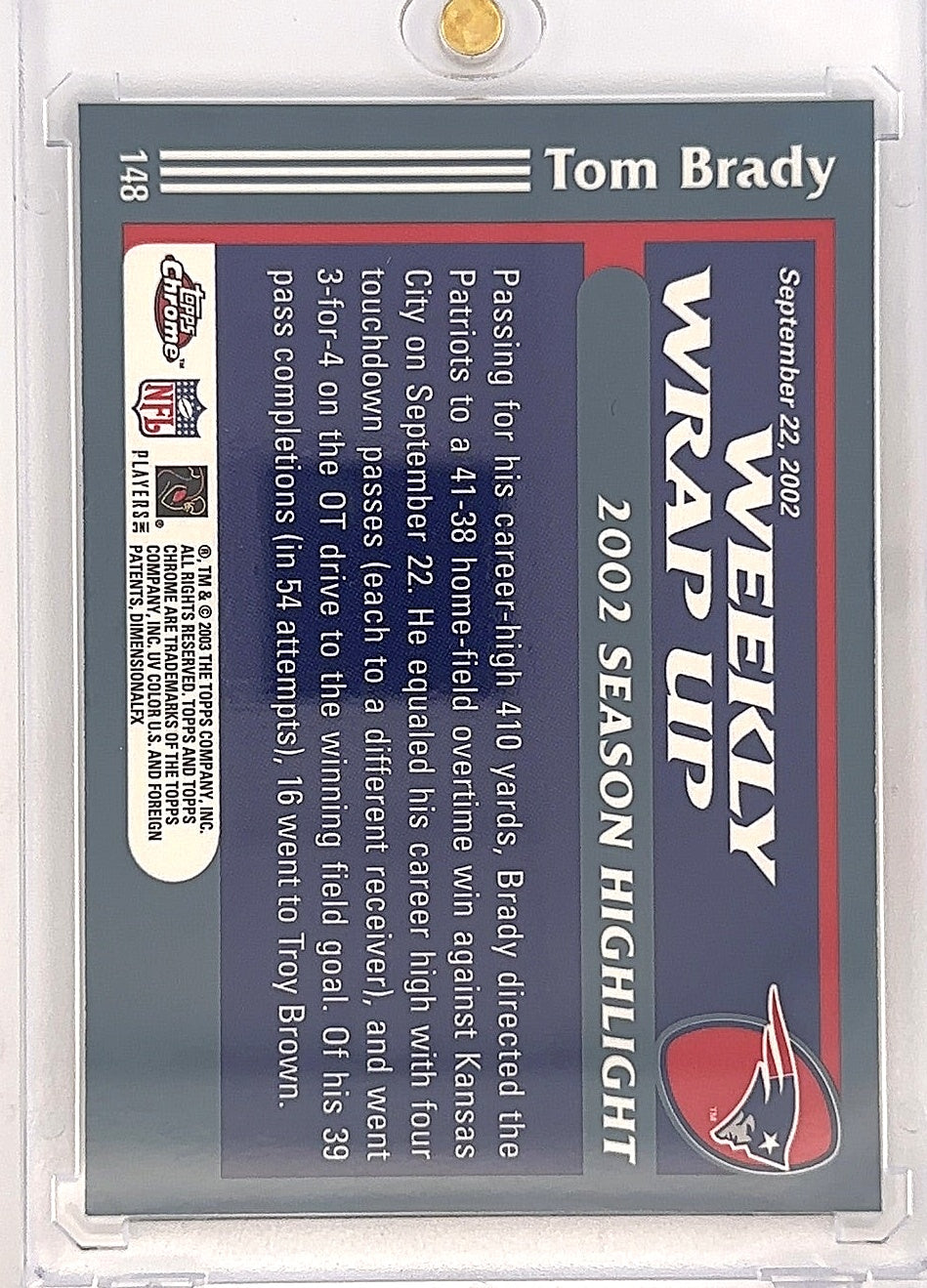 2003 Topps Chrome Tom Brady #148 Weekly Wrap Up — back