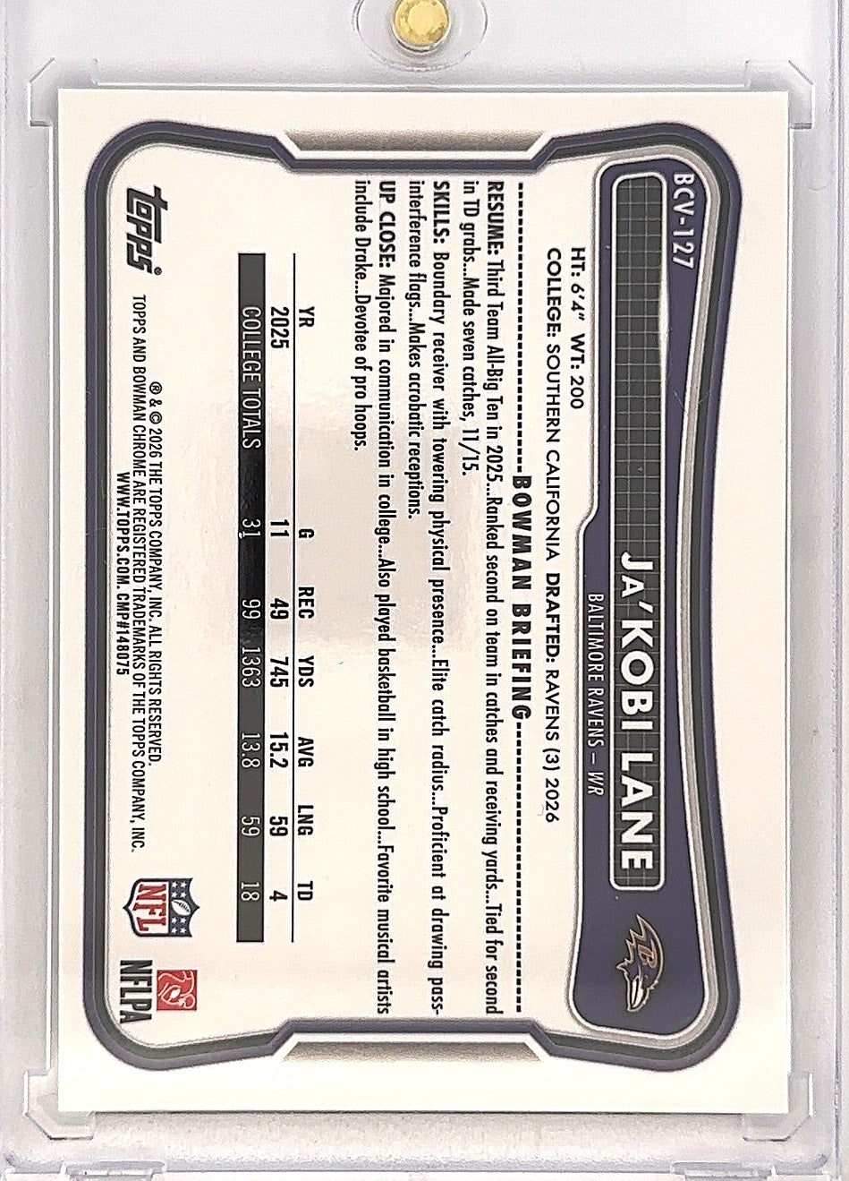 2026 Bowman Chrome NFL Ja'Kobi Lane [Purple Refractor] #BCV-127 — back