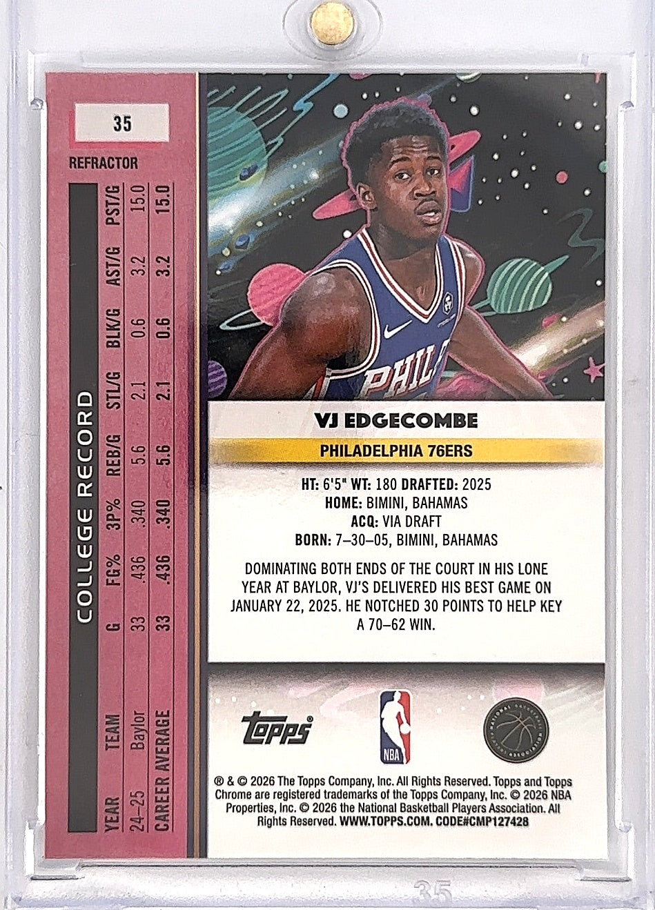 VJ Edgecombe Refractor Rookie #35 — back