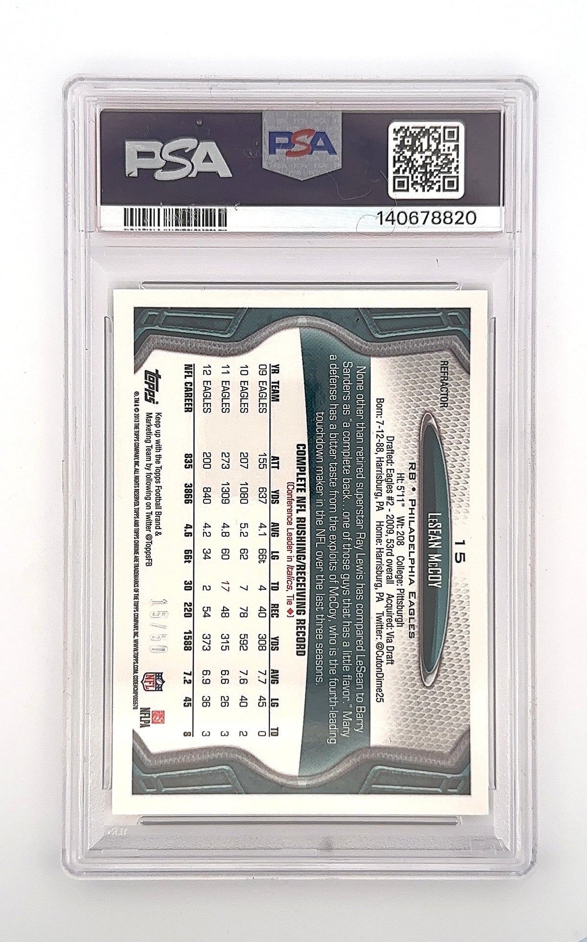 LeSean McCoy 2013 Topps Chrome Gold Refractor PSA MINT 9 — back