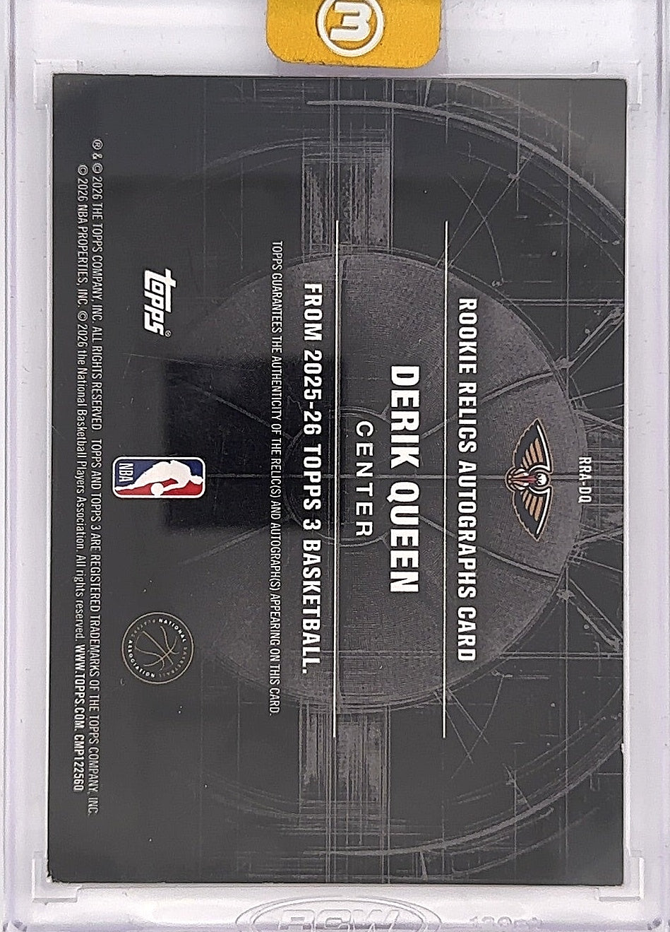 2025 Topps Three Rookie Relic Autograph Derik Queen [Blue] #RRA-DQ — back