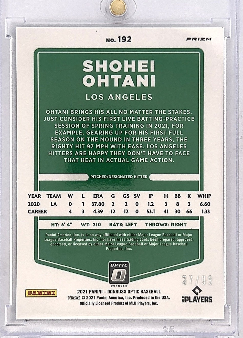 2021 Panini Donruss Optic Shohei Ohtani [Pandora Purple] #192 — back