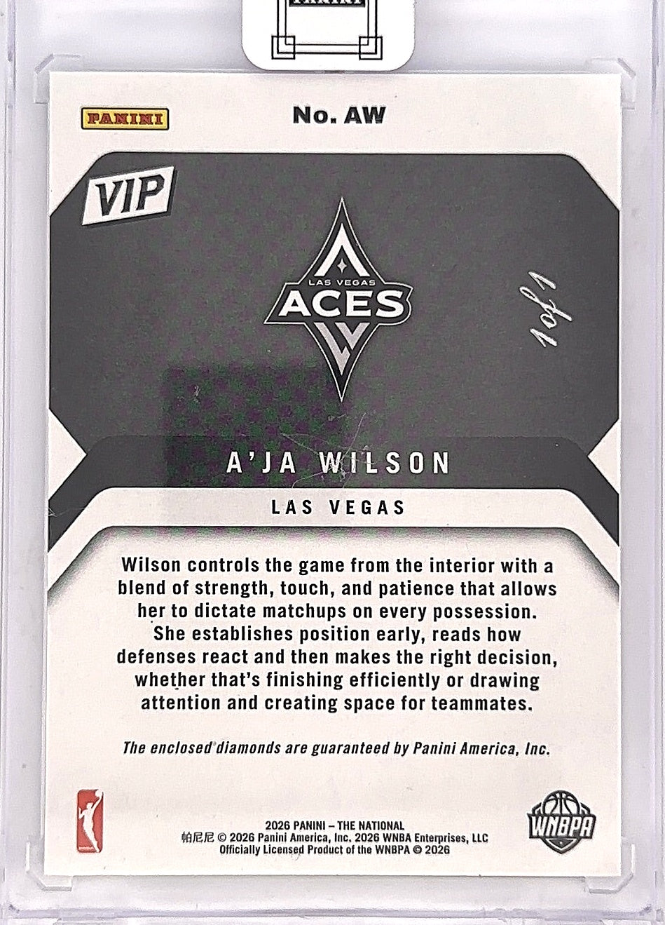 A’ja Wilson Panini VIP Double Diamond 1/1 — back