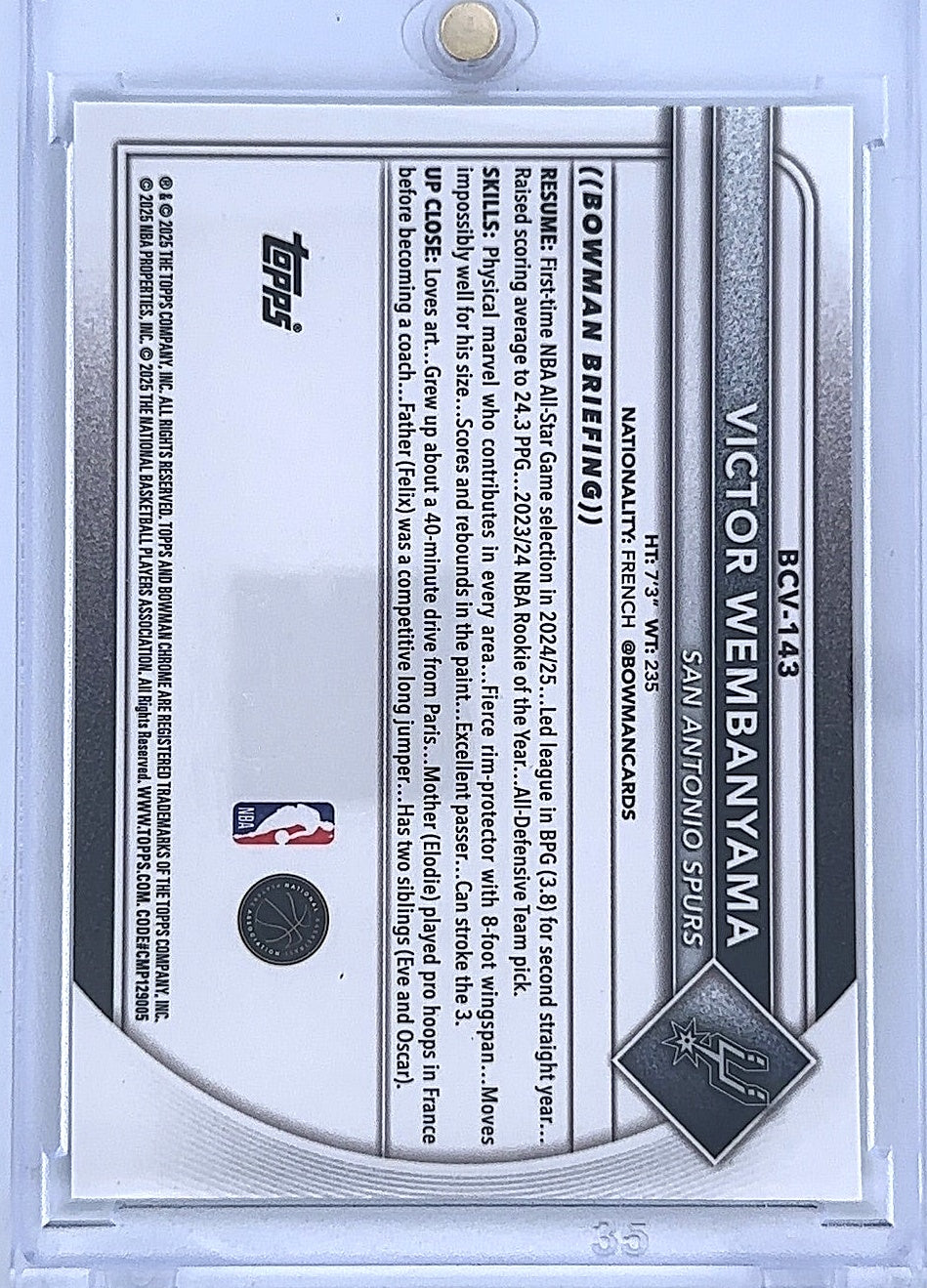 2025 Bowman Chrome Victor Wembanyama [Reptilian Refractor] #BCV-143 — back