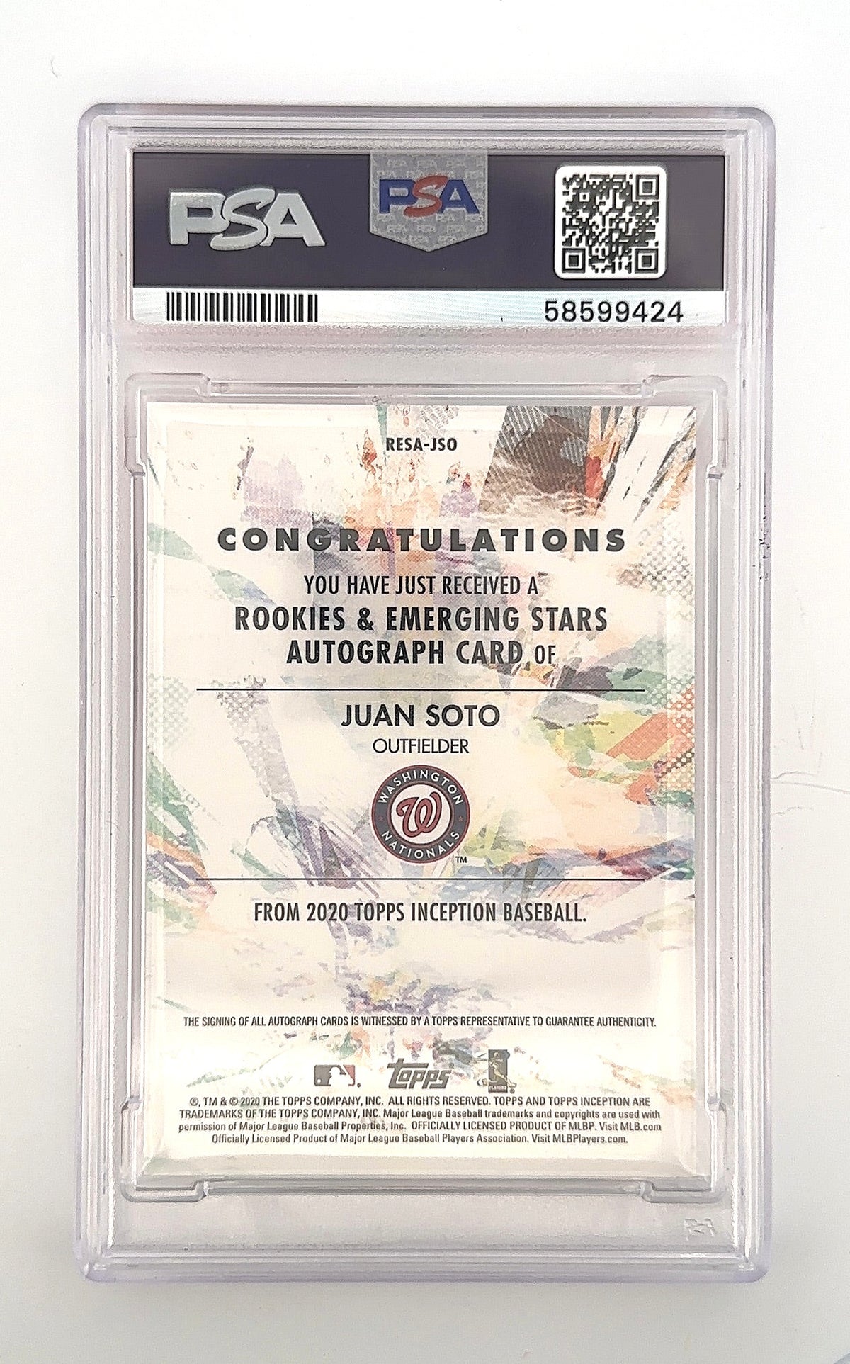 2020 Topps Inception Rookies & Emerging Stars Autographs Juan Soto #JSO PSA 9 — back