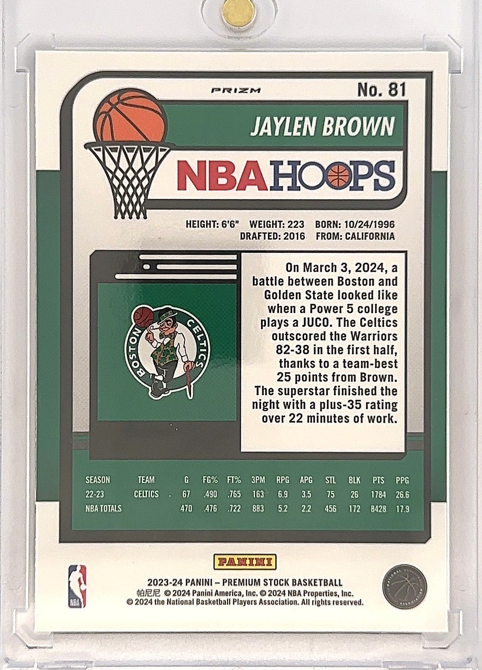 2023 Panini Hoops Premium Stock Jaylen Brown [Tiger Prizm] #81 — back
