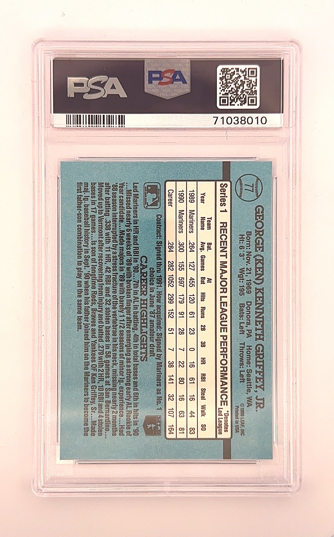 1991 Donruss Ken Griffey Jr. #77 PSA 9 — back