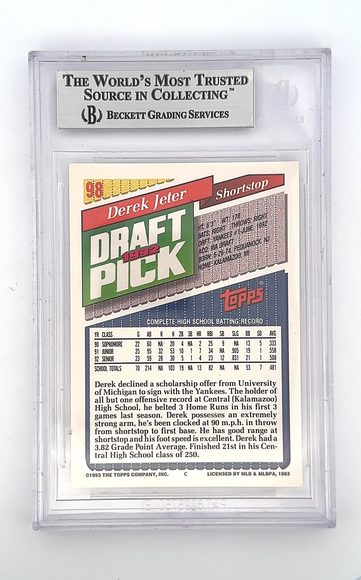 DAMAGED 1993 Topps Derek Jeter #98 BGS 9 — back