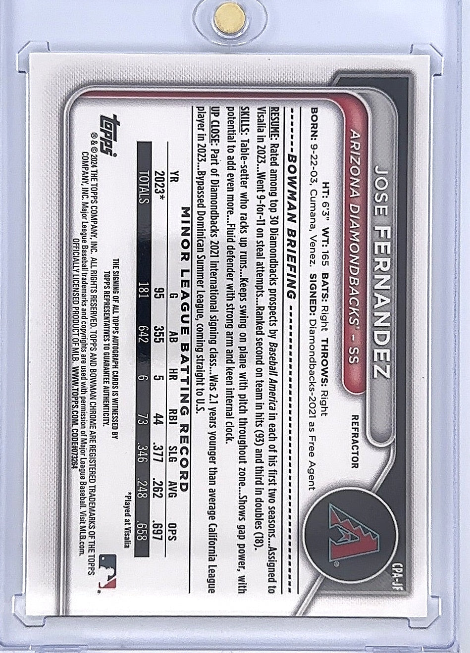 Jose Fernandez Bowman Chrome 189/499 Autograph — back
