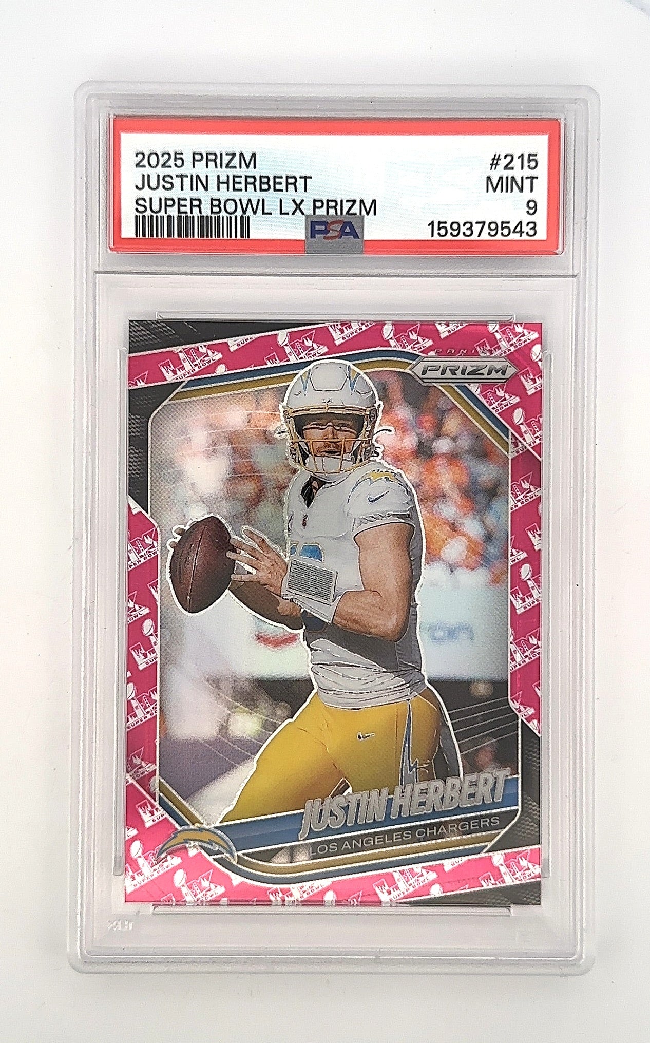 2025 Panini Prizm Justin Herbert [Super Bowl LX] #215 PSA 9 — front