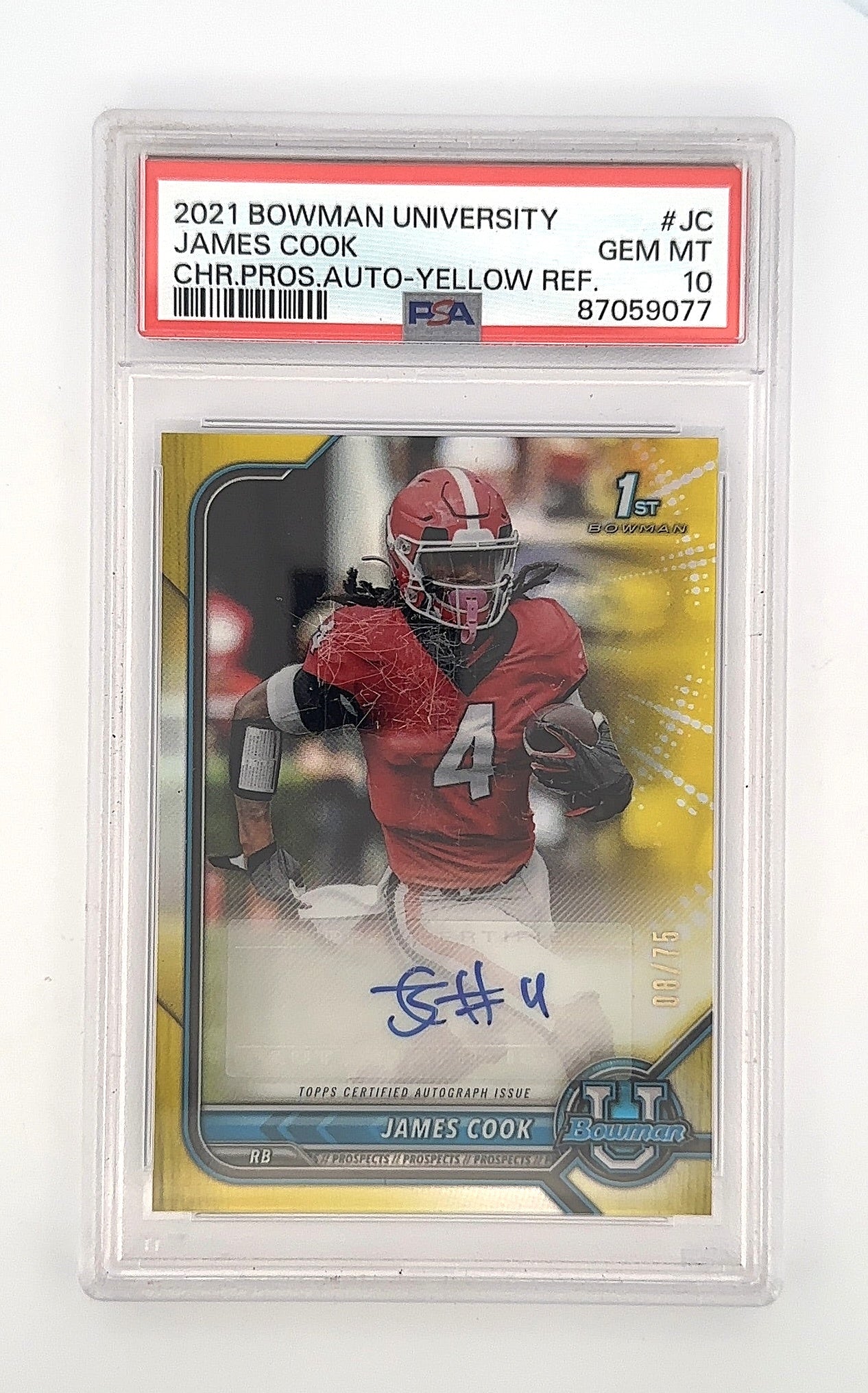 2021 Bowman University Chrome Autographs James Cook [Yellow Refractor] #BCPA-JC PSA 10 — front