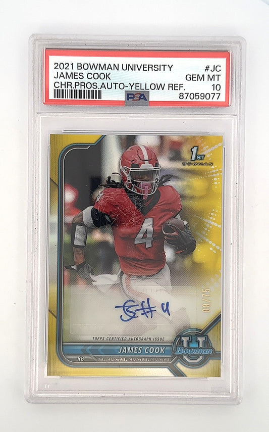 2021 Bowman University Chrome Autographs James Cook [Yellow Refractor] #BCPA-JC PSA 10 — front