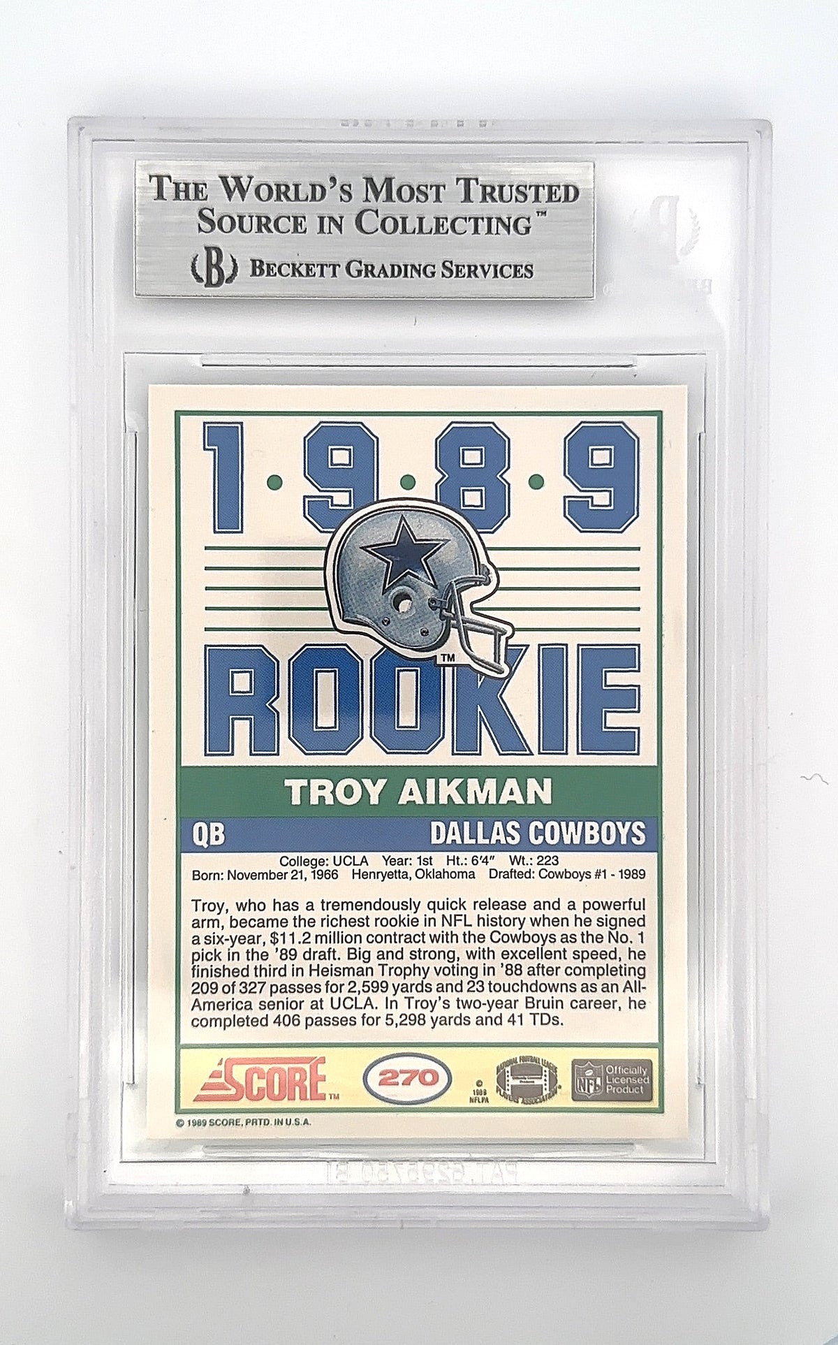 1989 Panini Score Troy Aikman #270 BGS 9 — back