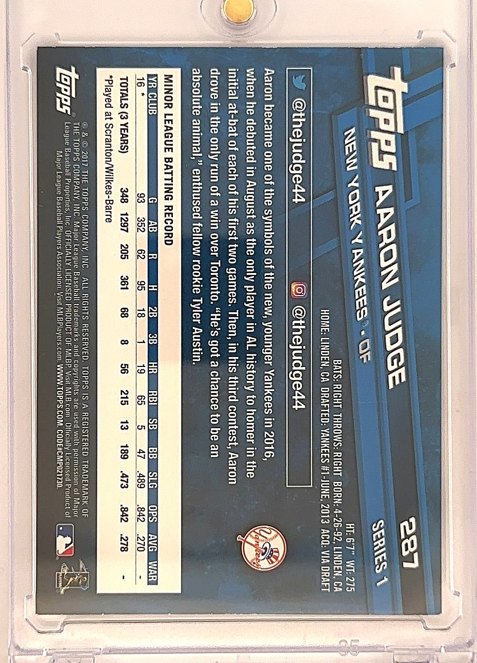 2017 Topps Aaron Judge Rookie RC #287 — back