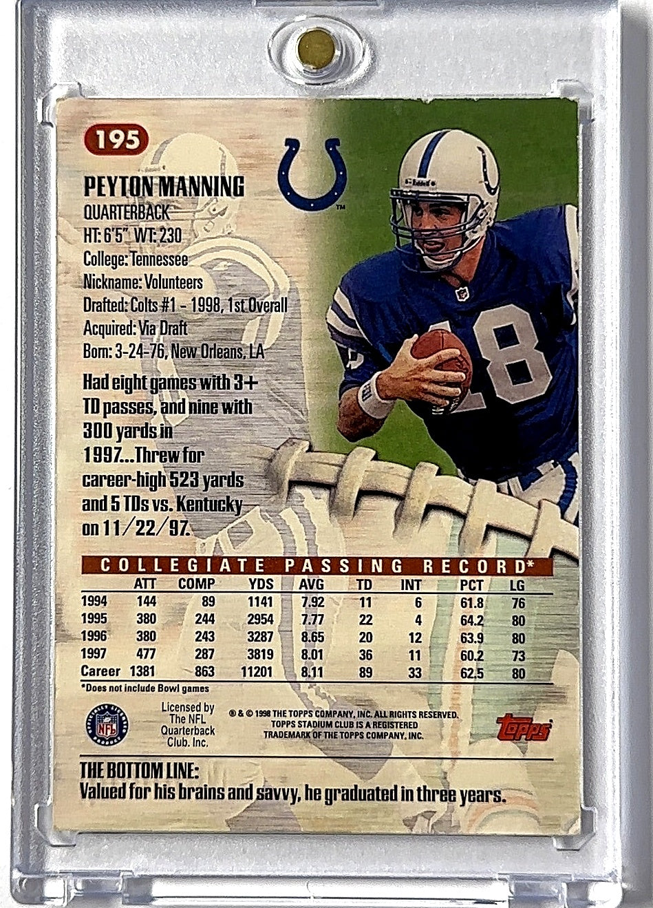 1998 Stadium Club Peyton Manning #195 RC — back