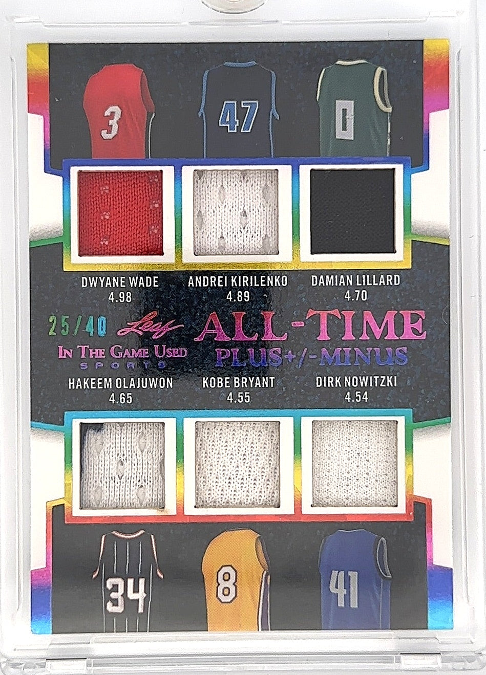 D. Wade / A. Kirilenko/ D. Lillard/ H. Olajuwon/ K. Bryant/ D. Nowitzki Leaf In The Game Used All-Time Box Plus/Minus Rainbow Holofoil #ATB-10 25/40 — front