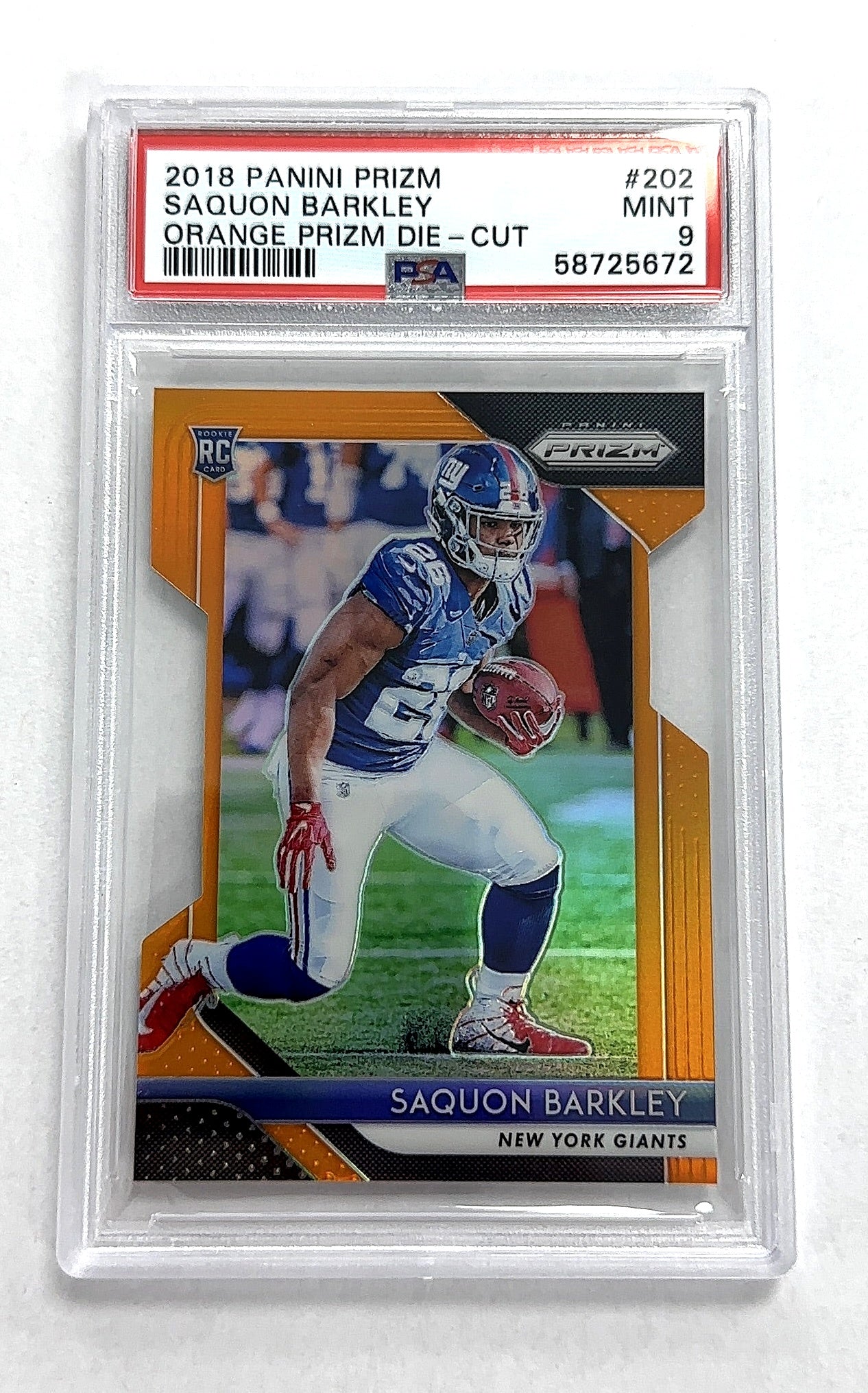 2018 Panini Prizm Saquon Barkley [Orange Prizm] #202 RC PSA 9 — front