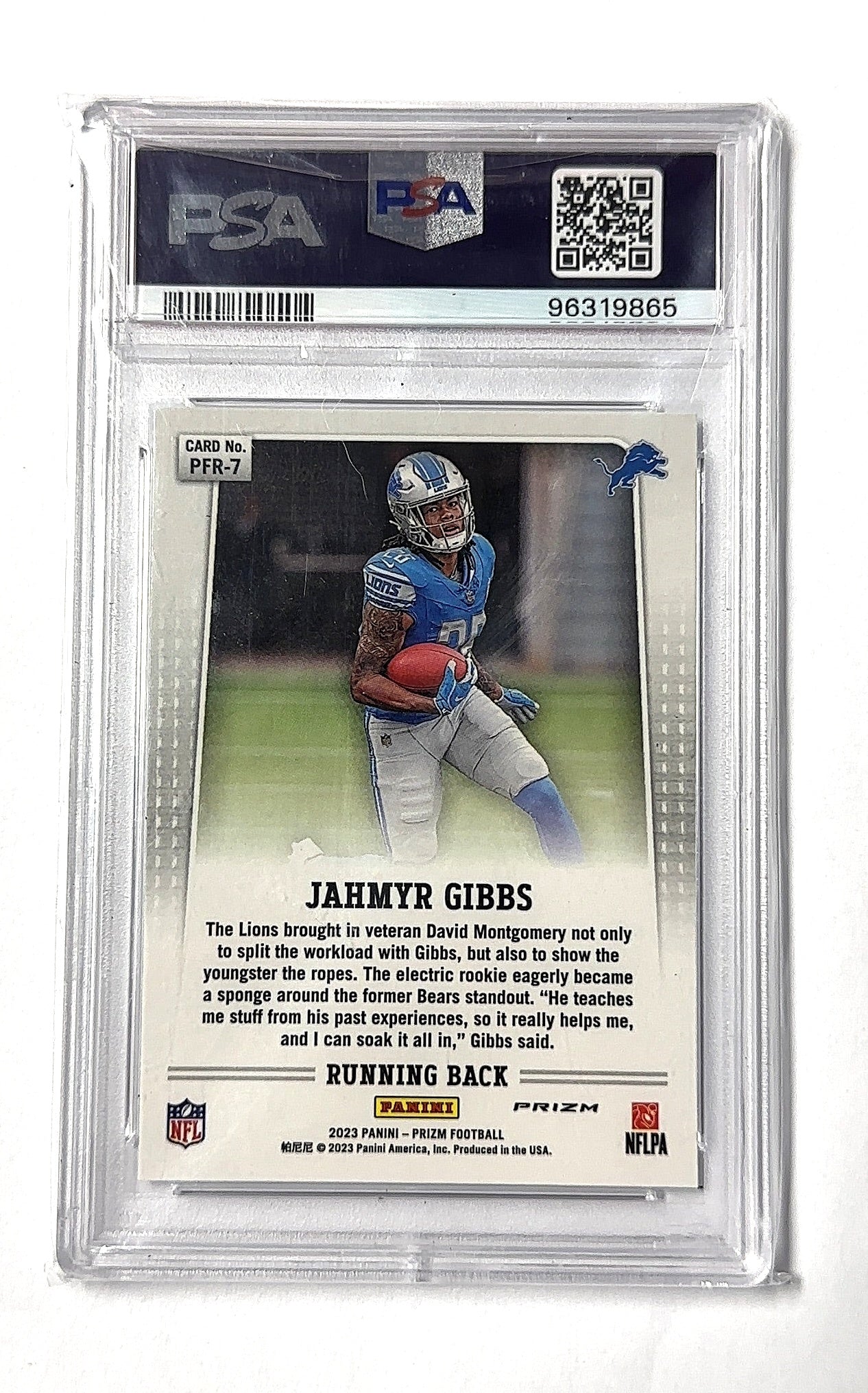 2023 Panini Prizm Flashback Rookie Jahmyr Gibbs [No Huddle] #PFR-7 PSA 10 — back