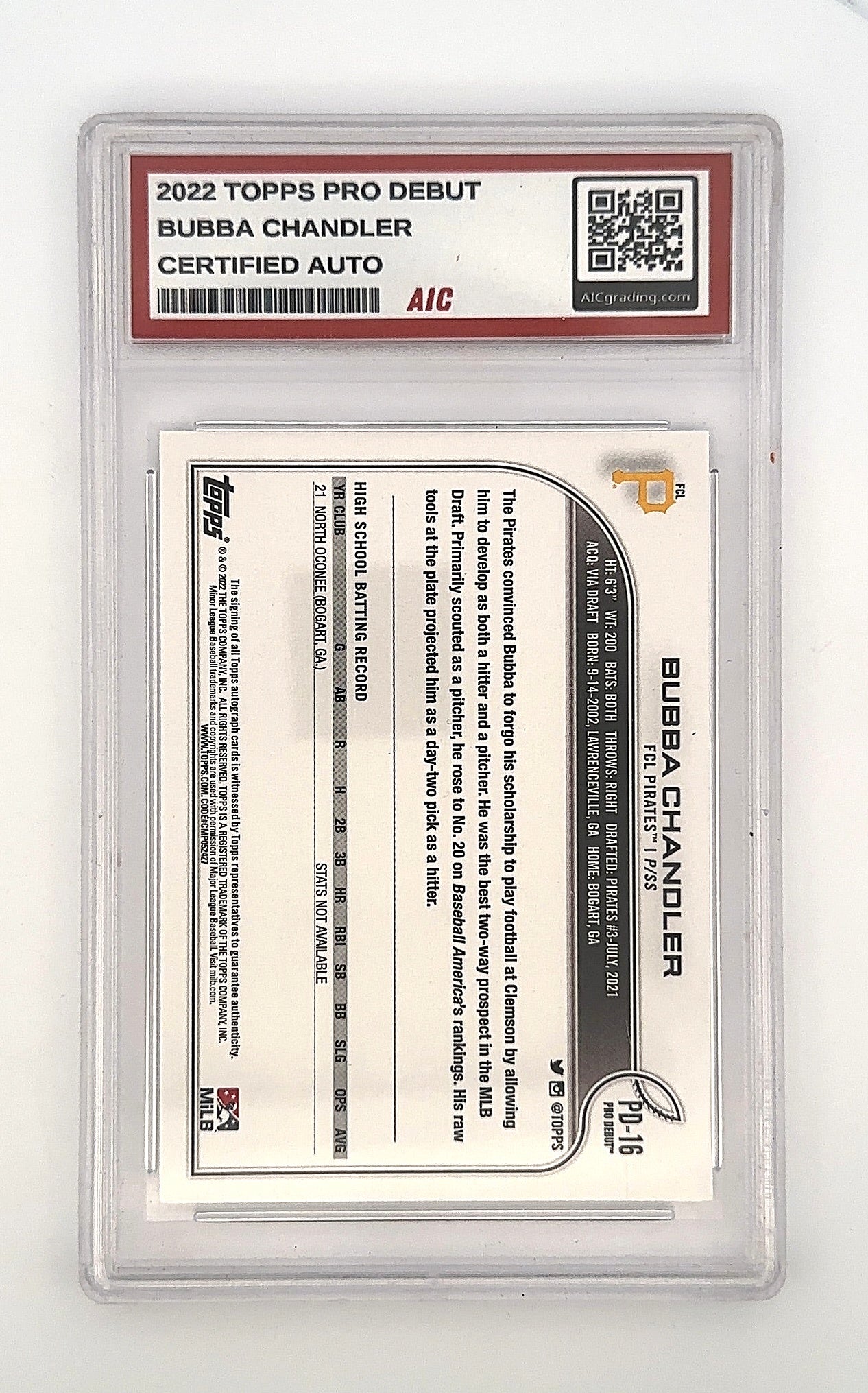 2022 Topps Pro Debut Bubba Chandler [Autograph] #PD-16 — back