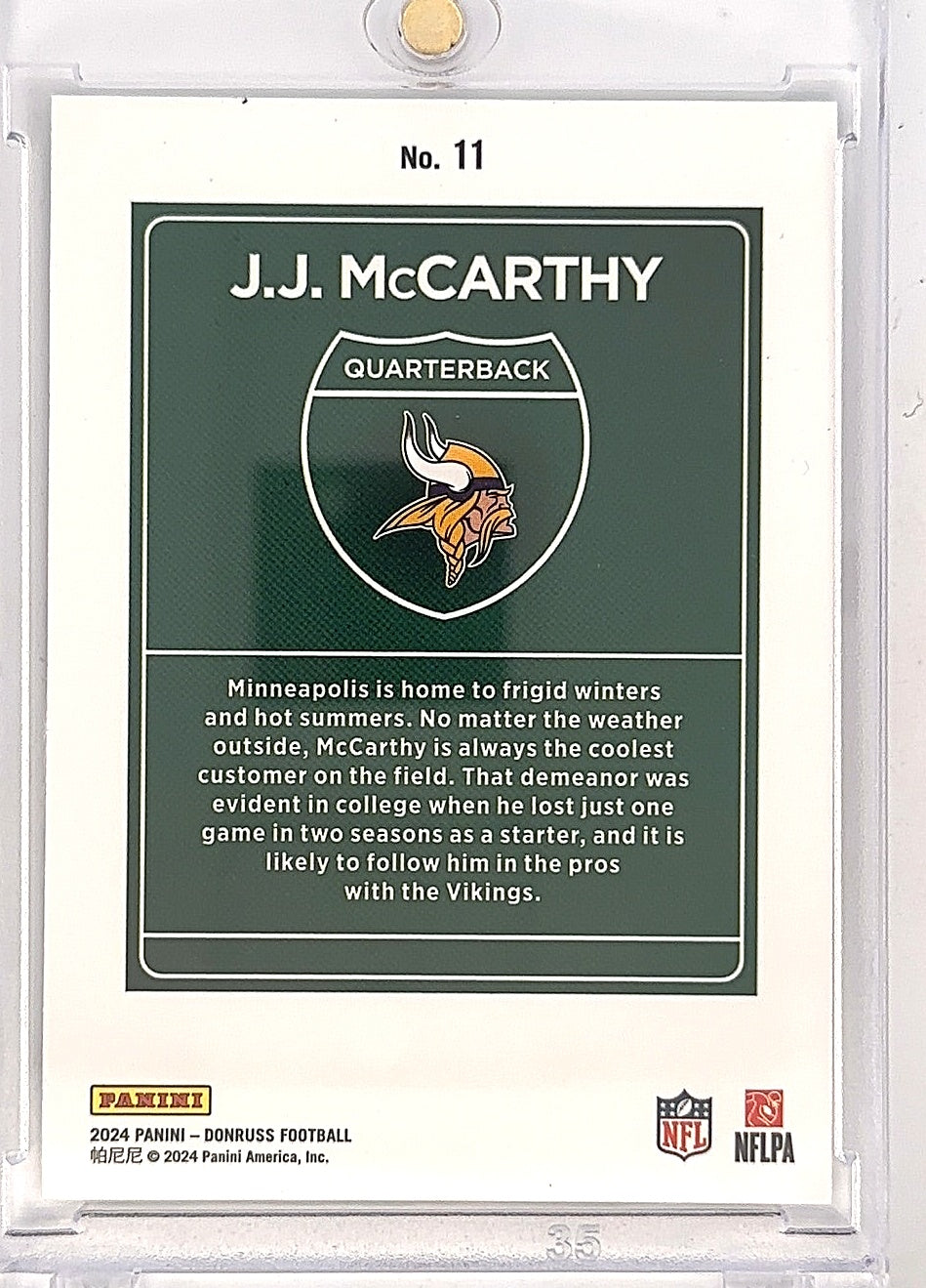 2024 Panini Donruss Downtown J.J. McCarthy #11 — back