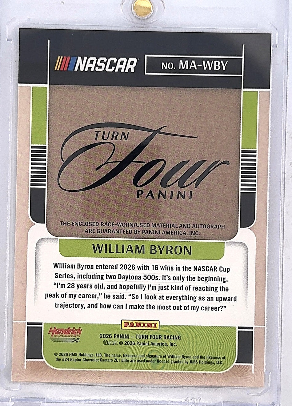 William Byron Turn Four Memorabilia Autograph /49 — back